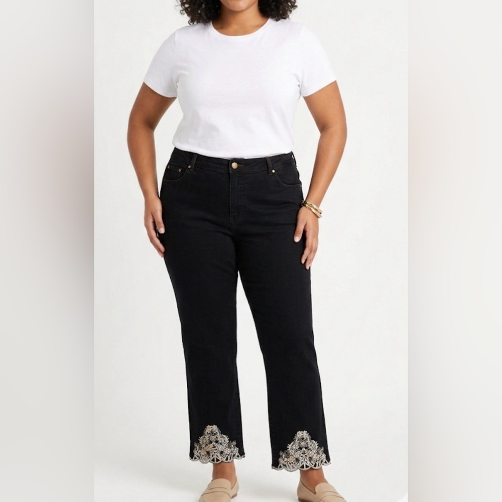 Jessica London‎ Black Jeans with White Embroidery Boho  Ladies size 26W